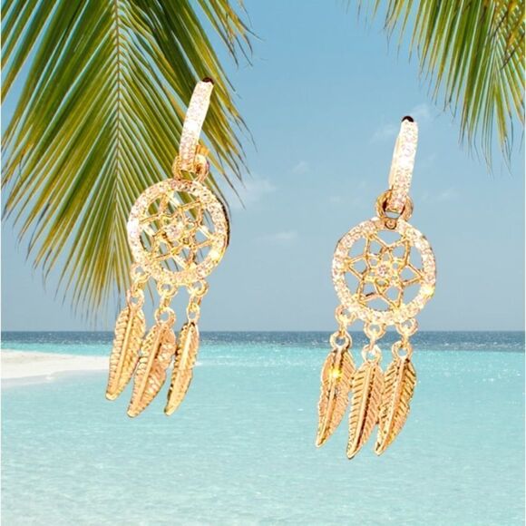 18k GOLD EARRINGS DREAM CATCHER WOMAN FASHION DIAMOND - Picture 1 of 3
